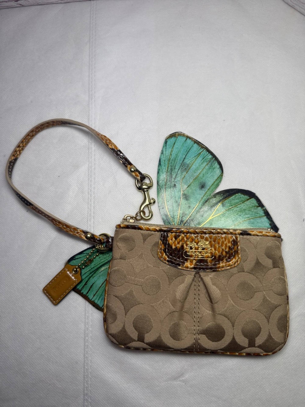 EUC Coach Tan Signature Wristlet with Snakeskin Trim Khaki Signature C Canvas - Picture 3 of 12